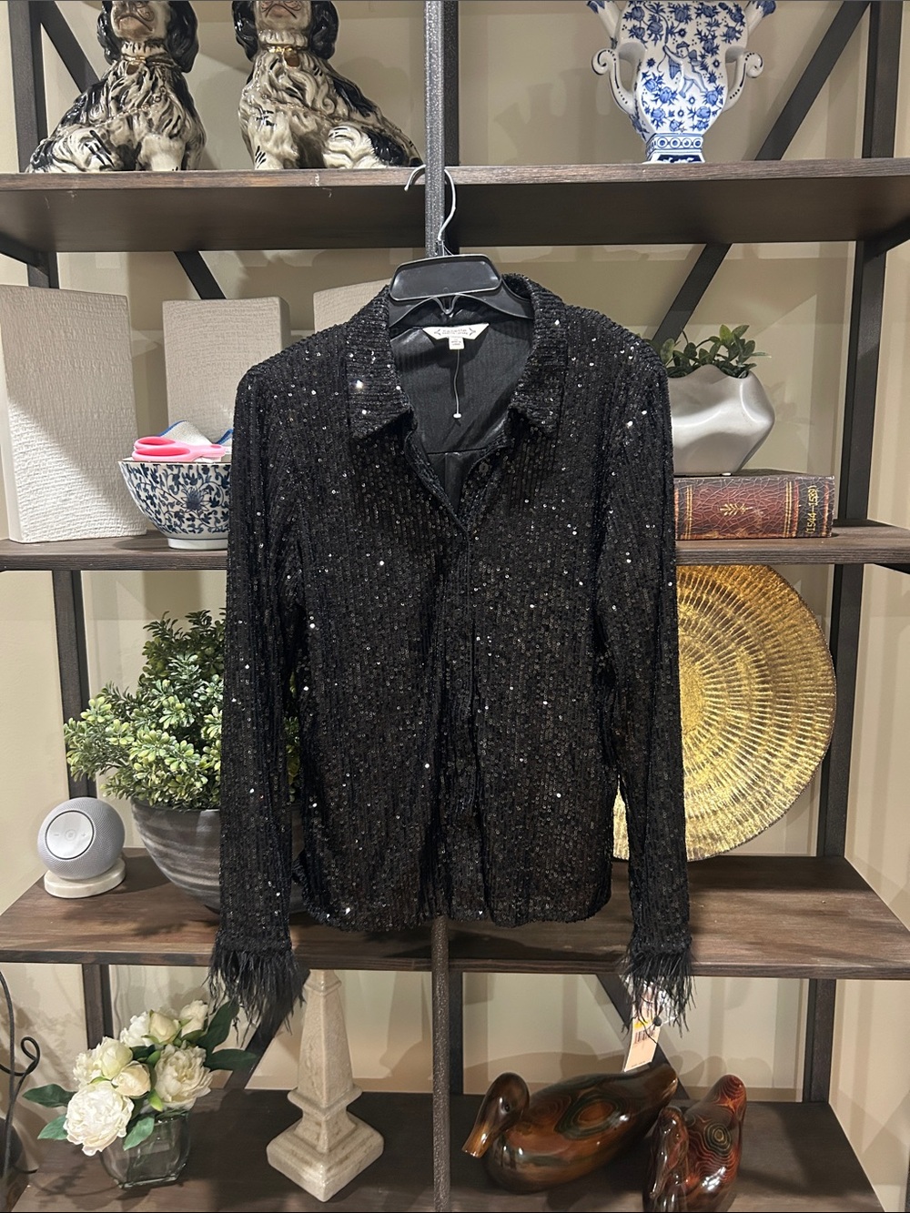 Nannette lepore Black Sequin Jacket with Fringe Cuffs medium